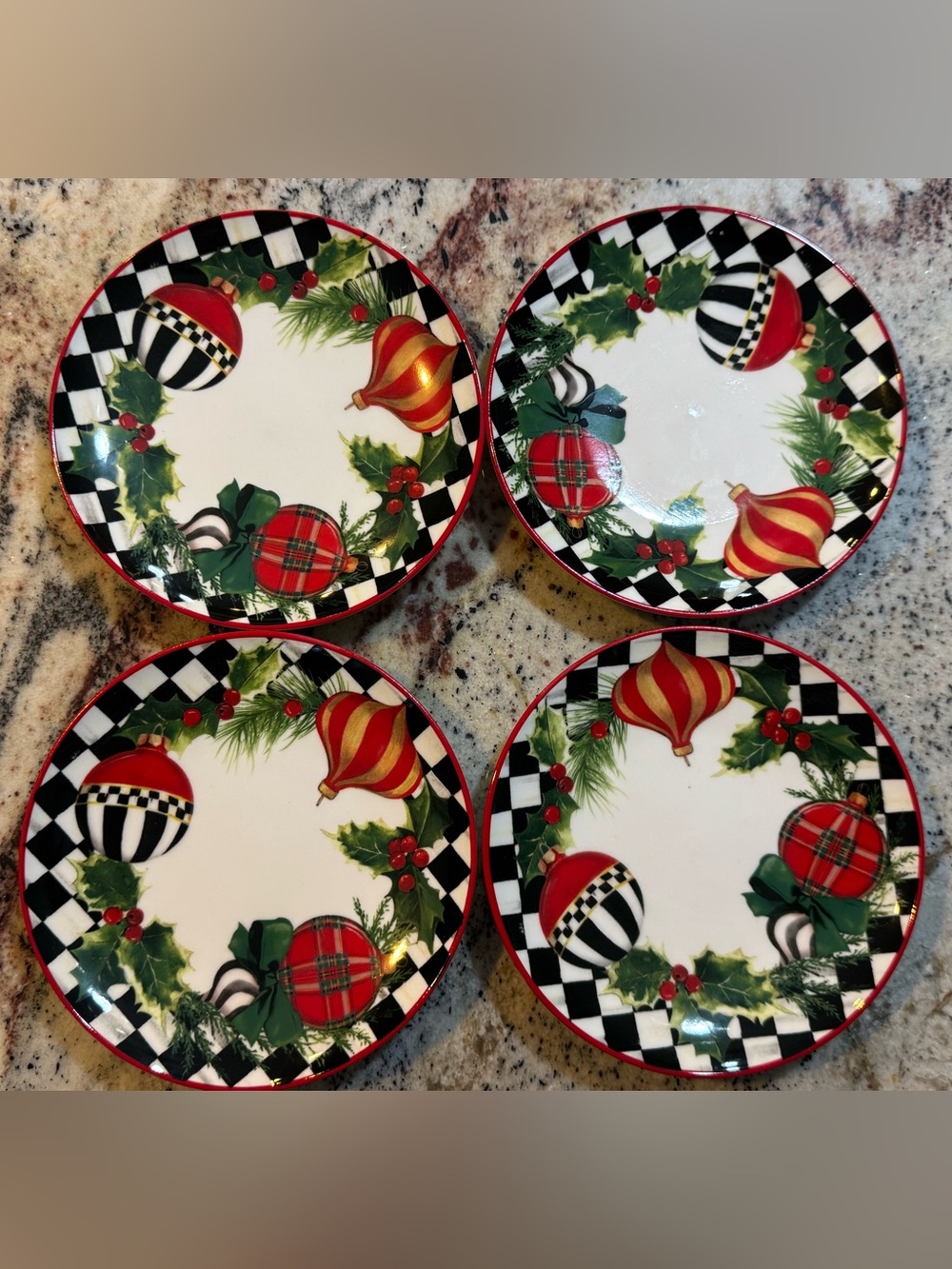 NWT Set of 4 Mackenzie-Childs Deck the Halls Holiday Appetizer Plates
